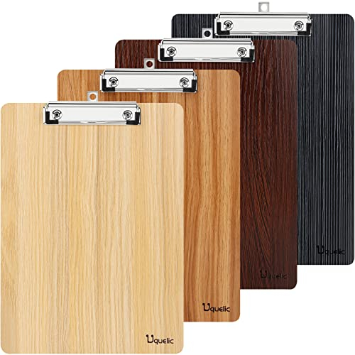 Uquelic Lot de 4 planchettes à pince A4 en bois durable avec trou de suspension, conçues pour le bureau, le travail, la salle de classe, le restaurant (couleurs assorties) (BG-A69)