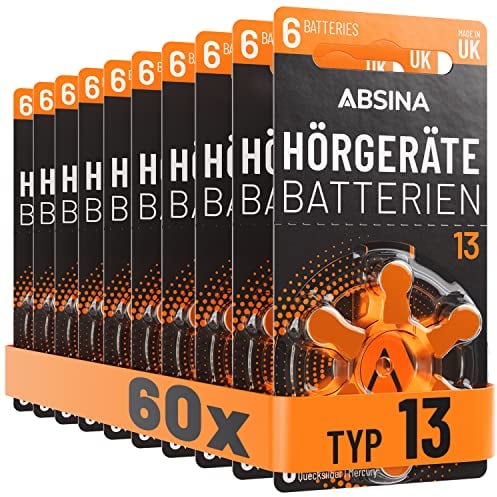 ABSINA Hörgerätebatterien 13 60 Stück mit gut greifbarer Schutzfolie - Hörgeräte Batterien 13 Zink Luft mit 1,45V - Typ 13 Batterien Hörgeräte Orange - PR48 ZL2 P13 Hörgerätebatterien