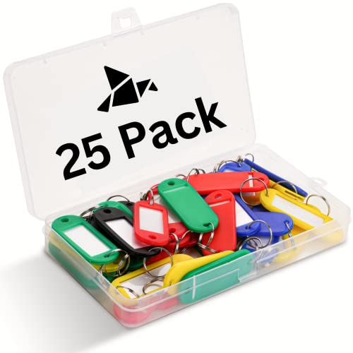 BirdFactor 25er-Pack Schlüsselanhänger mit Etiketten – 5 Farben, Kunststoffbox, 25 zusätzliche Papieretiketten – Schlüsselanhänger und Schlüsselanhänger