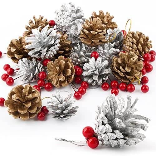 VINFUTUR 18pcs Tannenzapfen Anhänger Gold und Silber Tannenzapfen+100pcs Mini Künstliche Beeren Rot Weihnachtsbeeren für Weihnachtskranz Weihnachtsbaum Weihnachtsgirlande DIY Basteln Handwerk Homedeko