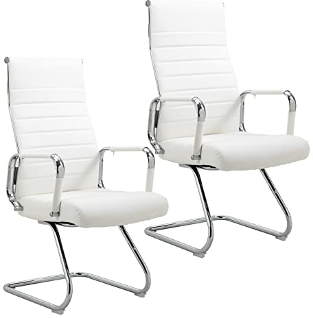 SVITA Office Comfort 2X Besucherstuhl Freischwinger-Stuhl mit Armlehne Konferenzstuhl ohne Rollen Armlehnstuhl Office-Stuhl Kunstleder Weiß