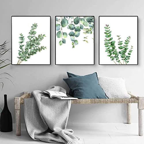 Trayosin 3-teiliges Poster Set, Moderne Boho Natur Wandbilder, Grün Pflanzen Eukalyptus Bilder Set, Leinwand Malerei Poster Wanddeko für Wohnzimmer Schlafzimmer, ohne Rahmen (40x50cm)