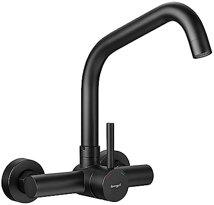 Ibergrif M16303B, Griferia de Cocina de Pared, Grifo para Fregadero Monomando, Acero Inoxidable, Negro