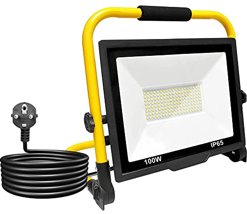 Projecteur de Chantier 100W, Lumière de Travail 152 LEDs, Projecteur Blanc 6000K, 10000LM, Panneau Rotatif à 360º, étanche IP65, Pliable, Câble de 3 m. Eclairage Extérieur, Atelier, Travail, Garage.