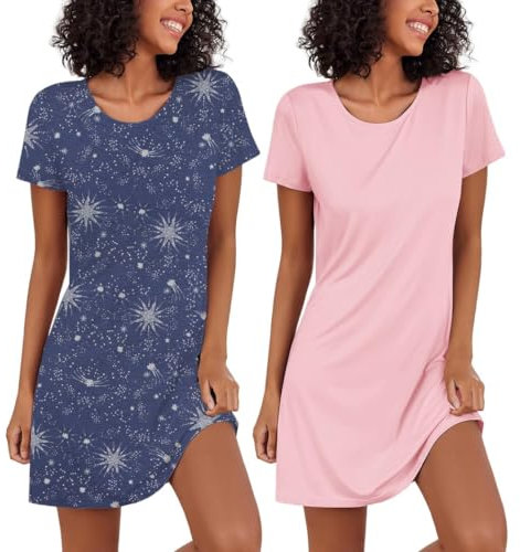 Ekouaer Chemise de Nuit été à Femme Manches Courtes 2pcs Robe de Nuit Col Rond Vêtements de Nuit Sexy, Rose + Bleu, XL