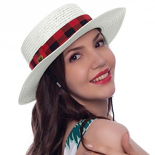 HEYANN Chapeau de Paille Panama Unisexe Chapeau de Paille Chapeau de Soleil pour Hommes et Femmes Fedora de Paille Ajustable Chapeau de Soleil pour Plage Voyage (Blanc Rouge-L)