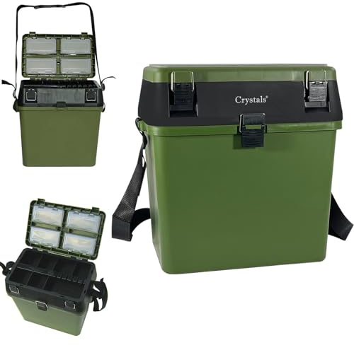 Crystals Fishing Tackle Box with Padded Seat & Straps, Fishing Lure Tackle Box, Fishing Tackle Storage Trays, Organizer Case Boxes Containers, for Vest Casting Fly Fishing - Green/Black (FB32)