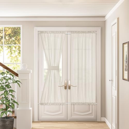 DUKIYO Französische Türvorhänge, Leinen, leicht durchleuchtet, für Schlafzimmer, Küche, Zimmer, 2 Raffhalter, halbtransparent, natürlich, faltenfrei, schick, halbtransparent, Leinen