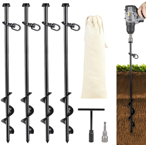 SWAWIS 4 Pezzi Ancoraggio A Terra Trampolino Ancoraggio A Terra 40 Cm in Acciaio A Vite con Adattatore per Trapano A Terra, Chiave, Borsa per Tende, Trampolino, Tettoie