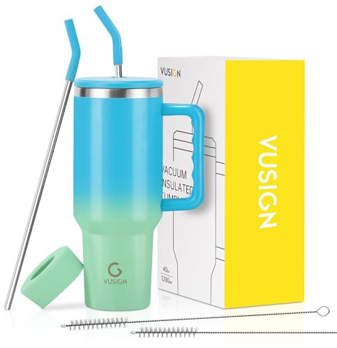 VUSIGN 40 oz Tumbler with Handle and Straw Lid, Stainless Steel Vacuum Insulated Tumbler Travel Mug Water Bottle Cup for Water Iced Tea Coffee Smoothie Car, Blue-Green Mixed