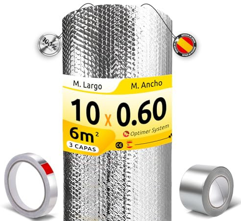 AISLANTE TERMICO MULTIUSOS PREMIUM | Reduce el Frio y el Calor |100% ALUMINIO|Aislante Termico para Ventana, Pared, Suelo, Techo, Coche, Garaje [ 0.6 X 10m ] (6m²) + 2 cintas adhesivas