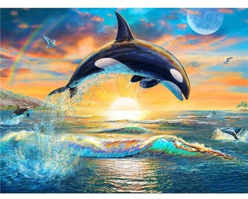 QiHon 5D Diamant Painting Bilder für Erwachsene Kinder DIY Diamond Painting Kits Sonnenaufgang Delphin Strass Kreuzstich Stickerei Set für Wohnzimmer Büro Wand Und Eingang Dekoration 100x130cm