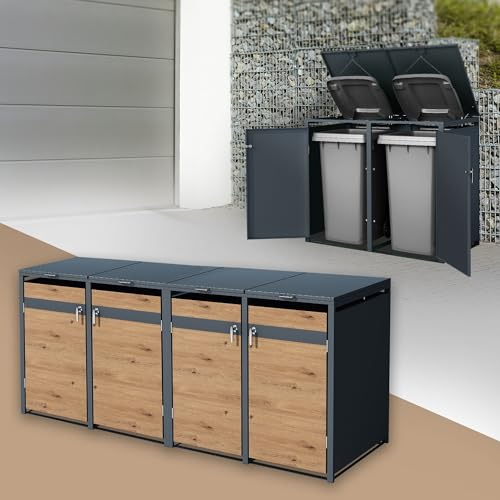 ML-Design Mülltonnenbox 4er 4 Tonnen 240L 264x80x116,3cm Anthrazit-Eichenoptik, Stahl, wetterfest/abschließbar Mülltonnenverkleidung Klappdeckel/4 Türen, Müllbox Mülltonnecontainer Mülltonnenabdeckung