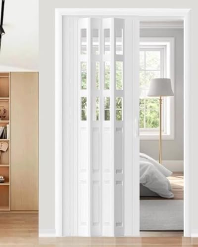 Concertina Door PVC & Acrylic Internal Foldable Gate - Custom Size, Accordion Door for Cupboard/Kitchen, Hallway Pantry Doorway Sliding Door with Handle(White,56x80in(141x203cm))