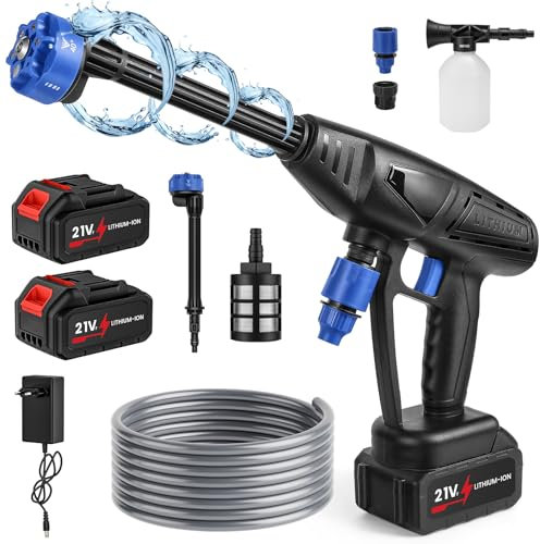 Hidrolimpiadora Bateria, 26Bar Hidrolimpiadora Portátil, Pistola de Agua Alta Presión con 2 Baterías, Boquilla 6 en 1, Manguera de 5M, Lavadora a Presión Inalámbrica para Jardín, Coche