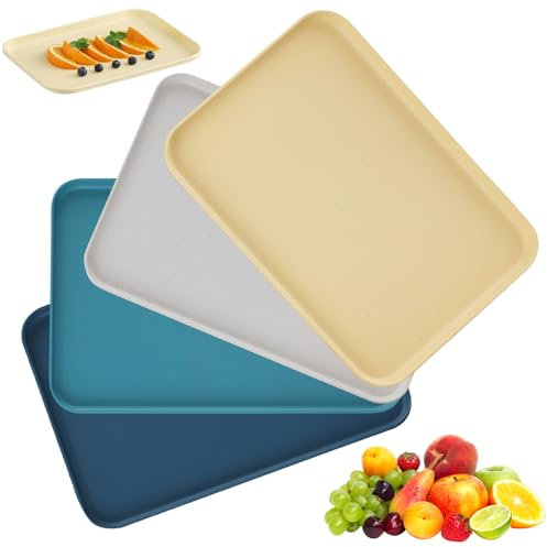 4 Pcs Serving Trays, 24.5 x 17.5 x 1.5cm Food Drinks Trays, Anti-Slip Food Tray Rectangular, Dinner Tray Plastic Serving Platter for Parties Serving Drinks Snacks Fruit Dessert Cookie