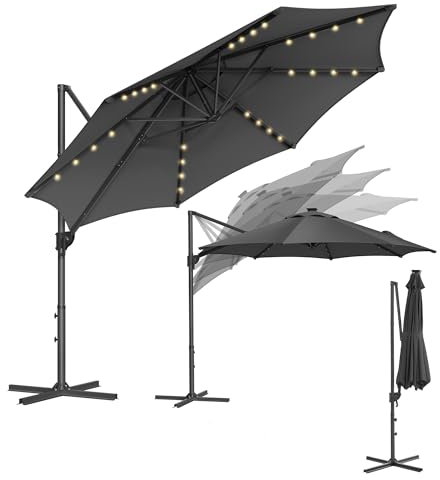 SONGMICS Parasol de Jardin 300 cm, 28 LED Solaires, UPF 50+, Parasol d Extérieur, Parasol de Terrasse, Pivotant à 360°, Inclinaison Fluide, Manivelle, avec Base en Croix, Gris GPU047G02