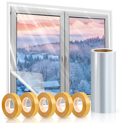 Window Insulation Kit, 63 × 394 Inch Plastic Window Covering for Winter, Window Insulation Film Window Wrap Insulation Windows Winterizing Kit with Double-Sided Tape for 10 Pcs 3 x 5 Ft Windows