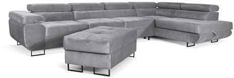 Aller Lang XL Modernes Design Ecksofa mit Schlaffunktion, Bettkasten in Ottomane, Hocker mit Stauraum – Tierfreundlicher Waterproof-Welvet, inkl. 2 runde Kissen, Ottomane rechts. (Hellgrau)