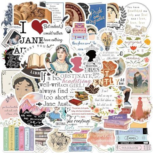 Krilucly 50 Stück British Novelist Aufkleber Pack Jane Austen, wasserdichte Vinyl Stickers, für Laptop Skateboard Computer Wasserflaschen Motorrad Gepäck, Graffiti Decal