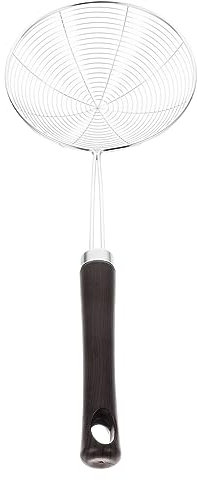 OFFSCH 1pc Stainless Steel Skimmer Spoon Comfortable Wooden Handle Fine Mesh Strainer for Quick Separation of Hot Oil for Cooking French Fries Vegetables