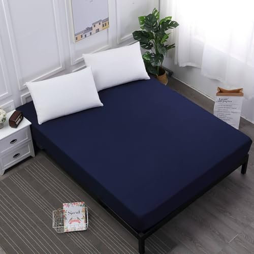 Lirzxin Spannbettlaken 160x200x30 cm, Boxspringbett Polyester Baumwolle Einfarbig Spannbetttuch Doppelbett Weiches und Atmungsaktives, Marineblau