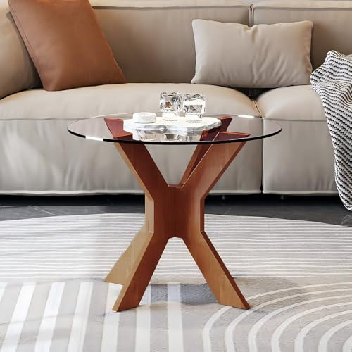 BTSAE Couchtisch Glas, Wohnzimmertisch Rund, Couchtisch Modern, Glastisch Wohnzimmer mit gehärtetem Glas und Massivholzsockel, Beistelltisch Holz, Coffee Table (Transparent, Klein 50×50×41cm)