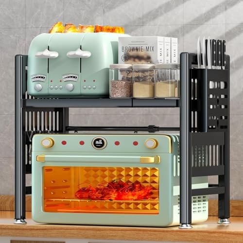 Novarka® Soporte Microondas Premium | Soporte Extensible para Encimera Cocina | Mueble Microondas Ajustable con 4 Ganchos Extras | Estante Microondas y Estantería Cocina.