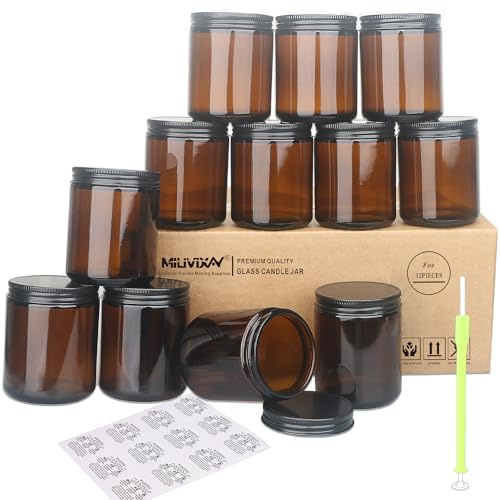 MILIVIXAY 12 Stück 237 ml dickes Glas dunkel bernsteinfarbene Kerzengläser mit komplett schwarzen Metalldeckeln, leere Kerzengläser für die Herstellung von Kerzen, Einmachglas für Gewürze
