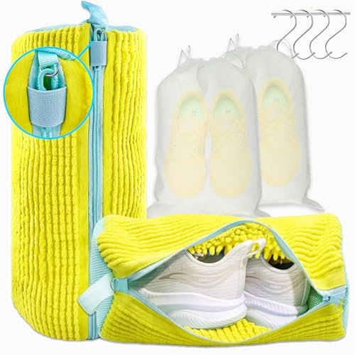 XXL Bolsa Lavar Zapatillas Lavadora - 2 Pack Reutilizables con Microfibra 360° Bolsa Lavadora Zapatillas, para Calzado Deportivo e Infantil, con 2 Bolsas Antipolvo y 4 Ganchos S (Amarillo)