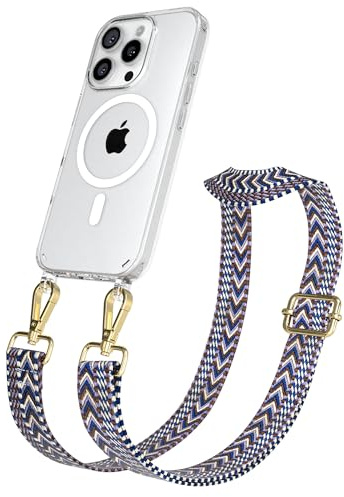 EAZY CASE Handykette - Verstellbares Taschenband kompatibel mit iPhone 16 Pro, Schulterriemen, Handykordel mit Silikon Hülle, Qi Charging kompatibel, Umhängetasche, Blau Weiß Gold