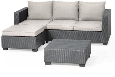 Allibert Gartenbank Outdoor Sofa in Rattanoptik 3 Sitzer aus UV-beständigem Material mit Hocker und Gartentisch Lounge Balkon Couch Rattanmöbel Gartenmöbel Wetterfest Salta 3-Sitzer Kissen Anthrazit