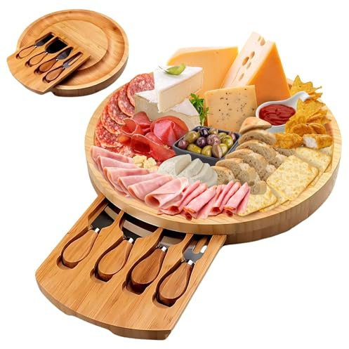 Jeap Tagliere per Formaggi in Legno di Bamboo con Coltelli | Tagliere Aperitivo 25 cm | Cassetto con 4 Utensili | Tagliere per Formaggi, Salumi, Aperitivi – Idea Regalo