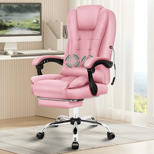 ELFORDSON Executive Office Chair, 2-Point Massage Computer Desk Chair with Footrest & Lumbar Support, 150° Reclining Adjustable High Back Gaming Chair with Padded Armrest, PU Leather, Pink