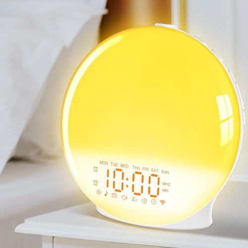 Uwithm Tageslichtwecker, Lichtwecker Sonnenaufgang Wecker, Duale Wecker, Wake Up Light, White Noise Machine mit 8 Beruhigende Klänge, FM Radiowecker, 20 Helligkeit, 14 Farben Dimmbare Nachttischlampe