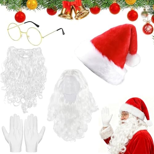 Ntwdby 5 Stück Weihnachtsmann Bart und Perücke, Weihnachtsmann Bart + Weihnachtsmann perücke+ Weihnachtsmütze + Handschuhe + Santa Claus Brille, Weihnachtsmann Kostüm Zubehör