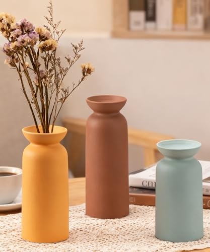 VASETOPIA Keramik Vasen 3 Stück, Moderne Minimalistisch Home Decor Blumenvasen für Pampas Grass, Wohnzimmer (12 Dunkelbraun/Gelb/Grün)