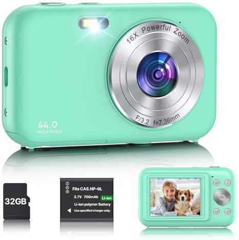Digitalkamera, Kamera Fotokamera mit 32GB Karte, 44MP 1080P HD Kinderkamera mit 16X Digitalzoom Kompaktkamera, Wiederaufladbare Fotoapparat mit Akku, Kamera für Kinder, Teenager, Anfänger (Grün)