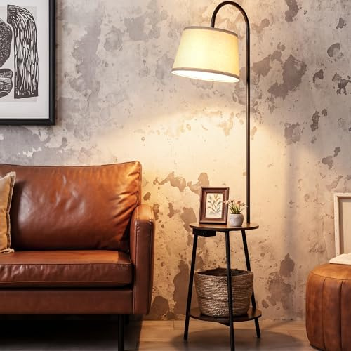 LuminexDesigns Stehlampe mit Regal & USB-Ladefunktion, Vintage Stehleuchte Holz mit 2 Ablagen aus Holz, Stoffschirm in Weiß, E27, Kippschalter, 165 cm, für Wohnzimmer Schlafzimmer Ecke Arbeitszimmer