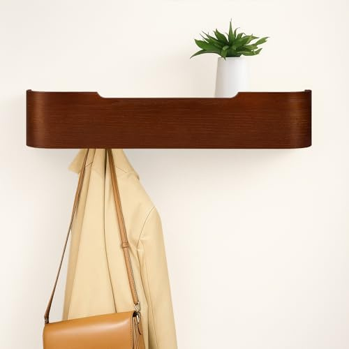 Generisch Wandgarderobe mit 5 Haken und Ablagebrett, Garderobenleiste aus Holz in Modernem Design, Stabile Wandgarderobe mit 30kg Tragkraft für Flur, Schlafzimmer und Wohnung (Walnuss)