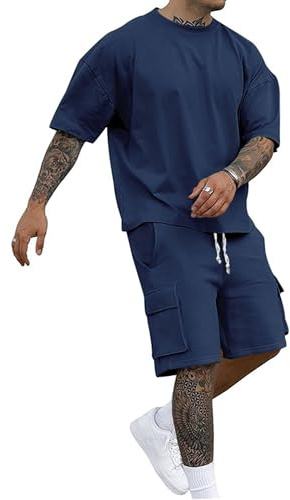 QUNERY Ensemble Ete Homme Survêtement 2 Pièces Tenues Jogging T-shirt + Short avec Poches Vacances Plage Costumes Bleu Marine M