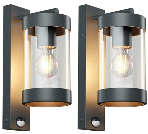 ledscom.de 2x Außenwandleuchte LAIFA anthrazit matt, PIR Bewegungsmelder + Dämmerungssensor, Glas/Edelstahl, inkl. E27 Lampe, Energieeffizienzklasse A (warmweiß, 4,2W, 958lm)