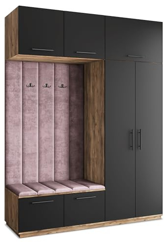 Masseno Flugarderoben Set Rema, Kleiderschrank-Set mit Sitzbank, Garderobenschrank Flur mit 5 Regalböden, Eiche Lefkas/Schwarz