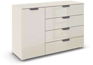 Rauch Möbel ADITIO, Kommode, Farbe Glas Beige, Breite 120 cm | Sideboard im modernen Look, 1-türig, 4 Schubladen, Glasfront, Soft-Close, für Schlafzimmer, Gästezimmer, Wohnzimmer, Flur