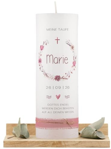 Personalisierte Taufkerze mit Name & Datum | Rustikkerze 7x20 cm | Geschenk zur Taufe Mädchen Junge | Individuelle Kerze mit Spruch | Kranz Motiv (Brombeer)