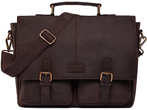 LEABAGS Leder Aktentasche Herren & Damen I Echtleder Laptoptasche bis 15 Zoll I Umhängetasche mit Schultergurt I Schultertasche I Messenger Bag I Arbeitstasche I Lehrertasche I Nature Dunkelbraun