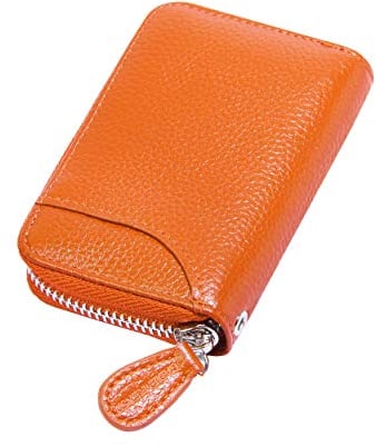 Womens Credit Card Holder Small RFID Blocking Ladies Wallet with Stainless Steel Zipper Excellent Genuine Leather Accordion Wallets Case for Women ID Compact Slim Blocked Zip Accordian Cards Orange