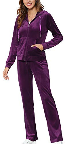 MessBebe, tuta da ginnastica da donna in velluto per il tempo libero lo sport 2 pezzi felpa con cappuccio a maniche lunghe con zip e pantaloni lunghi sportivi VIOLA SCURO, XL