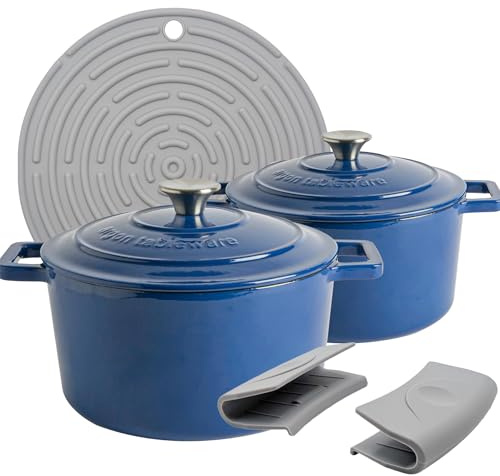 Argon Tableware 4.5L Round Cast Iron Casserole Dishes with Self-Basting Lids - Midnight Blue - 2 Pack Induction Hob Cooking 4.75QT Dutch Oven Bread Baking Serving Roasting Stew Stock Pot Cookware Pan