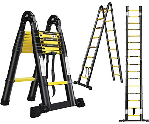 HENGMEI Alu Teleskopleiter Klappleiter 5m Stehleiter Schiebeleiter Sprossenleiter Leiter Anlegeleiter Ausziehleiter Aluleiter Teleskop-Design Mehrzweckleiter, Schwarz